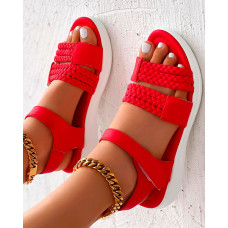 Braided Velcro Ankle Strap Summer Sandals - red