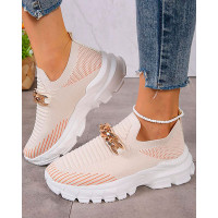 Breathable Chain Decor Platform Slip-On Sneakers - beige