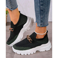 Breathable Chain Decor Platform Slip-On Sneakers - black