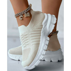 Breathable Hollow Out Knit Casual Sneakers - beige