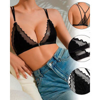 Breathable Lace Patch Buckle Front Double Strap Bra - black