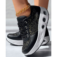 Breathable Lace Patch Muffin Sneakers - black