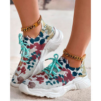 Breathable Plants Print Lace-up Sports Sneakers - Multicolor