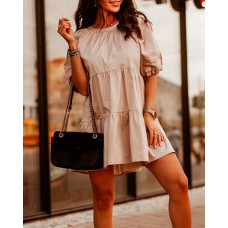 Brief Solid Puff Sleeve Casual Dress - khaki