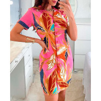 Bronzing Leaf Print Button Decor Shirt Dress - pink