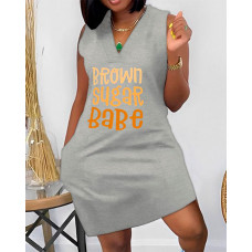 Brown Sugar Babe Print Sleeveless Casual Dress - gray