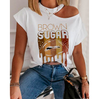 Brown Sugar Lip Print Cold Shoulder T-shirt - white