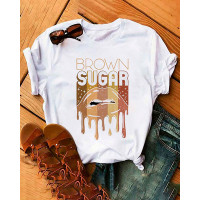 Brown Sugar Lip Print Crew Neck Casual T-shirt - white