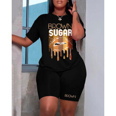 Brown Sugar Lip Print Crew Neck T-shirt & High Waist Shorts Set - black