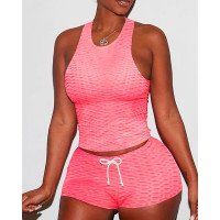 Bubble Textured Drawstring Active Sets - pink