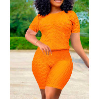 Bubble Textured Short Sleeve Butt Lifting Active Sets - orange