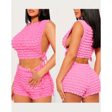 Bubble Textured Tied Detail Crop Top & Shorts Set - pink