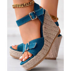 Buckled Ankle Strap Platform Espadrilles Wedge Sandals - blue