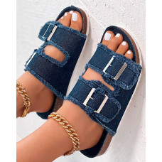 Buckled Fringe Hem Double Strap Denim Slippers - blue