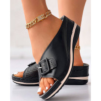 Buckled Hollow Out Wedge Slippers - black