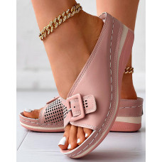 Buckled Hollow Out Wedge Slippers - pink