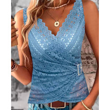 Buckled Overlap Lace Fake Two Piece Tank Top - blue