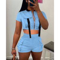 Buckled Pocket Design Baseball Collar Top & Shorts Set - sky blue