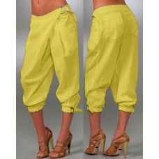 Buckled Pocket Design Cuffed Pants - yellow