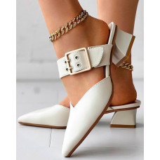 Buckled Point Toe Chunky Heel Mules - beige