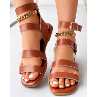 Buckled Square Toe Ankle Strap Sandals - brown