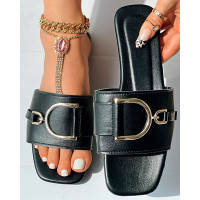 Buckled Wide Strap Slippers - black