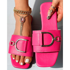 Buckled Wide Strap Slippers - hot pink