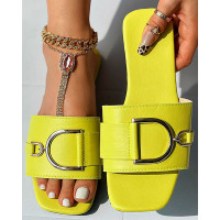 Buckled Wide Strap Slippers - yellow