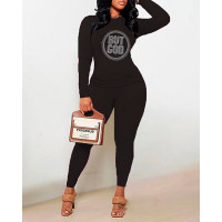 But God Rhinestone Long Sleeve Top & Pants Set - black