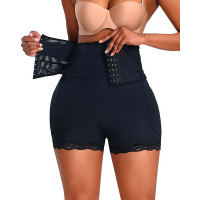 Butt Lifting Lace Trim High Waist Shapewear - black