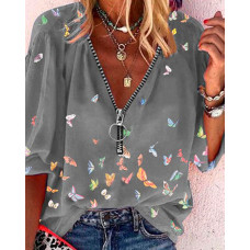 Butterflies Print Zipper Long Sleeve Shirt - gray