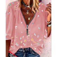 Butterflies Print Zipper Long Sleeve Shirt - pink