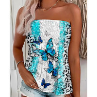 Butterfly Contrast Leopard Print Shirred Tank Top - blue