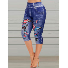 Butterfly Denim Look Print Capris Leggings - blue