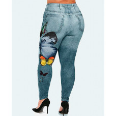 Butterfly Denim Look Print High Waist Leggings - gray