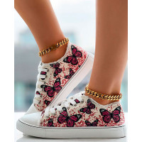 Butterfly Embroidery Raw Hem Lace-up Sneakers - hot pink