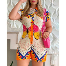 Butterfly Floral Leaf Print Buttoned Romper - Multicolor