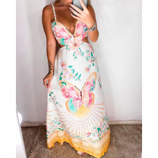 Butterfly Floral Print Cutout Twisted Maxi Dress - pink