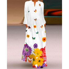 Butterfly Floral Print Long Sleeve Maxi Dress - white