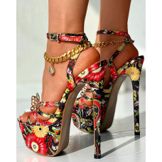 Butterfly Pattern Ankle Strap Platform Heels - Multicolor