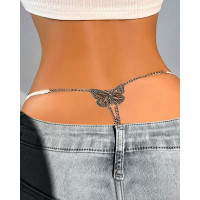 Butterfly Pattern Chain Decor Thong Panty - white