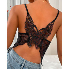 Butterfly Pattern Crochet Lace Cami Top - black