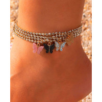 Butterfly Pattern Rhinestone Anklet - black