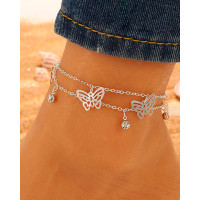 Butterfly Pattern Rhinestone Decor Multi-layer Anklet - silver