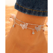 Butterfly Pattern Rhinestone Decor Multi-layer Anklet - silver