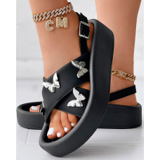 Butterfly Pattern Slingback Platform Sandals - black