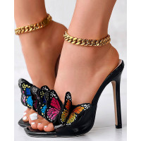 Butterfly Pattern Stiletto Heel Sandals - black