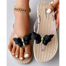 Butterfly Pattern Summer Beach Flip Flops - black