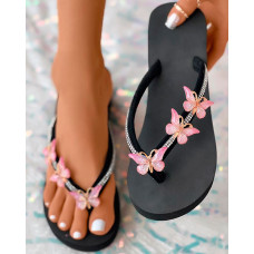 Butterfly Pattern Toe Post Flip Flops - pink