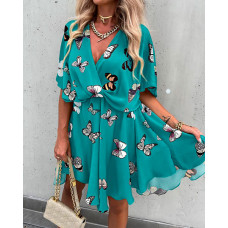 Butterfly Print Batwing Sleeve Overlap Flowy Swing Dress - green